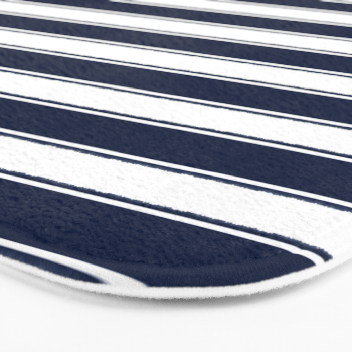 Nautical Navy Blue and White Rough Stripes Pattern Bath Mat Gallery Image 3