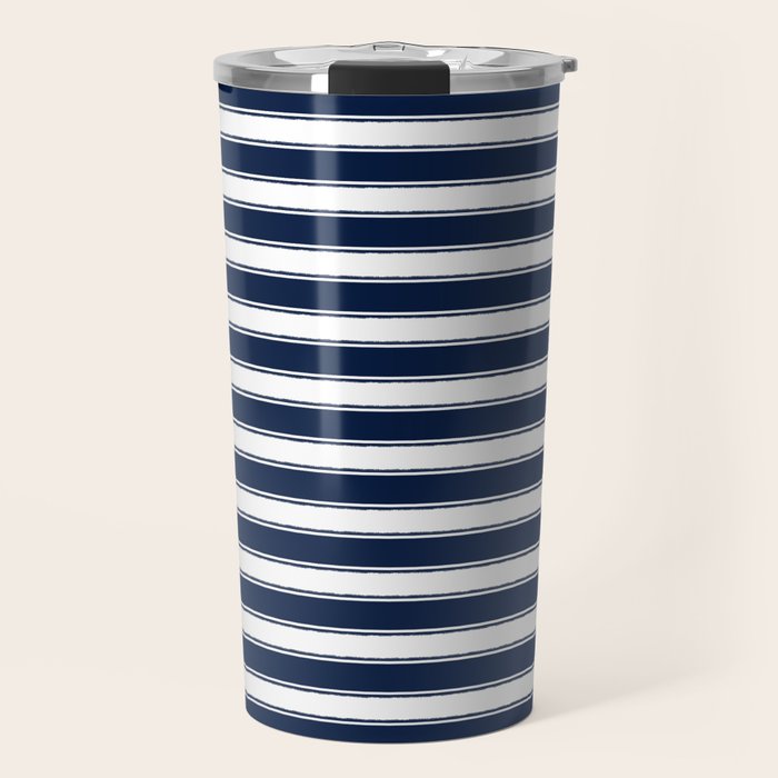 Nautical Navy Blue and White Rough Stripes Pattern Travel Mug Gallery Image 1