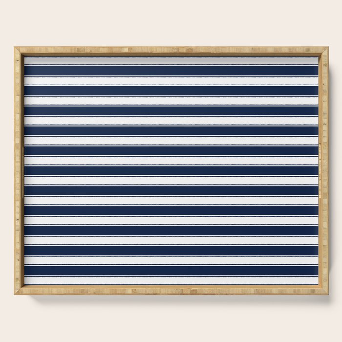 Nautical Navy Blue and White Rough Stripes Pattern Serving Tray Gallery Image 1