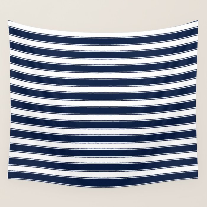 Nautical Navy Blue and White Rough Stripes Pattern Wall Tapestry Gallery Image 1