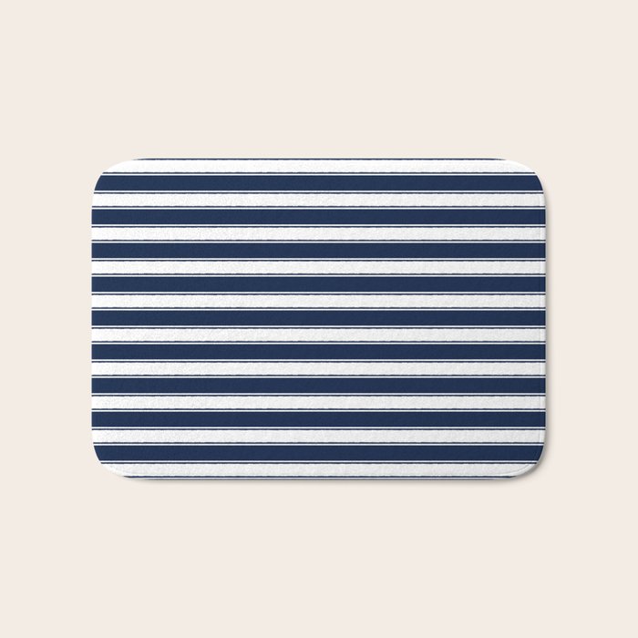 Nautical Navy Blue and White Rough Stripes Pattern Bath Mat Gallery Image 1