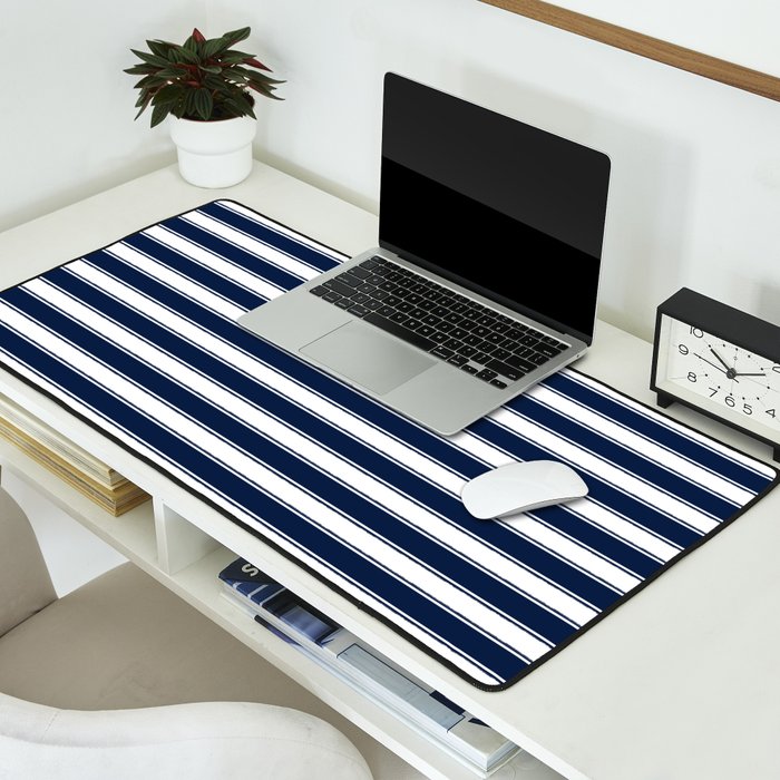 Nautical Navy Blue and White Rough Stripes Pattern Desk Mat Gallery Image 2