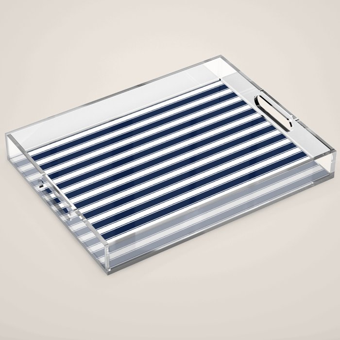 Nautical Navy Blue and White Rough Stripes Pattern Acrylic Tray Gallery Image 1