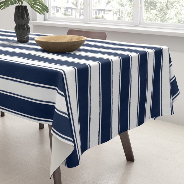 Nautical Navy Blue and White Rough Stripes Pattern Tablecloth Gallery Image 3