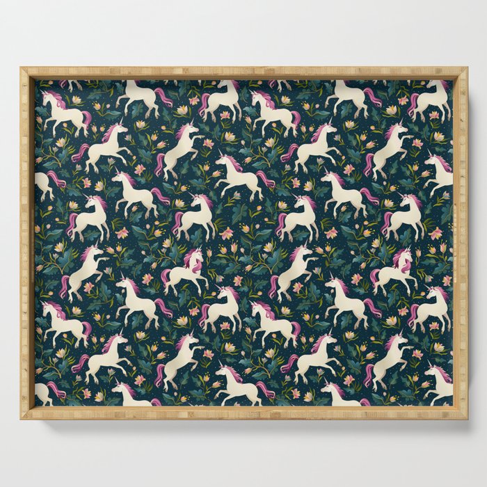 Unicorns on a dark background with a fairy forest Serving Tray Gallery Image 1