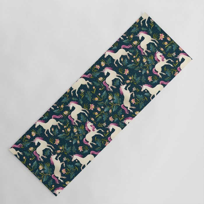 Unicorns on a dark background with a fairy forest Yoga Mat Gallery Image 1