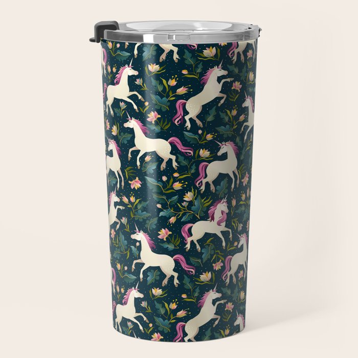 Unicorns on a dark background with a fairy forest Travel Mug Gallery Image 3