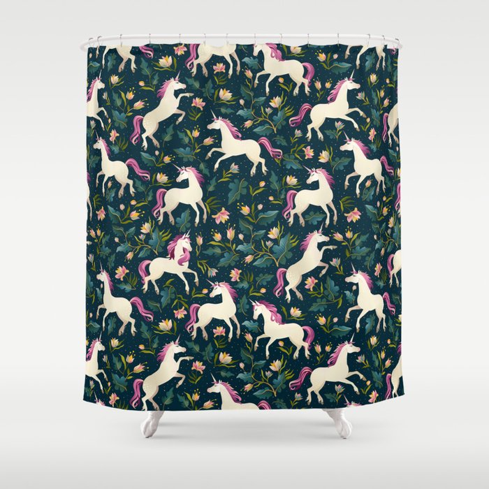 Unicorns on a dark background with a fairy forest Shower Curtain Gallery Image 1