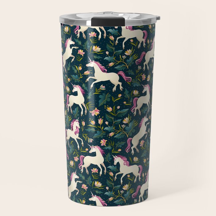 Unicorns on a dark background with a fairy forest Travel Mug Gallery Image 1