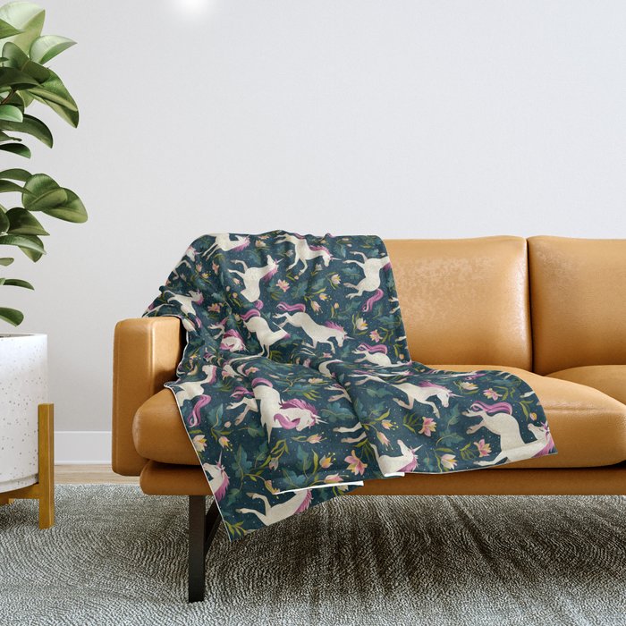 Unicorns on a dark background with a fairy forest Throw Blanket Gallery Image 1