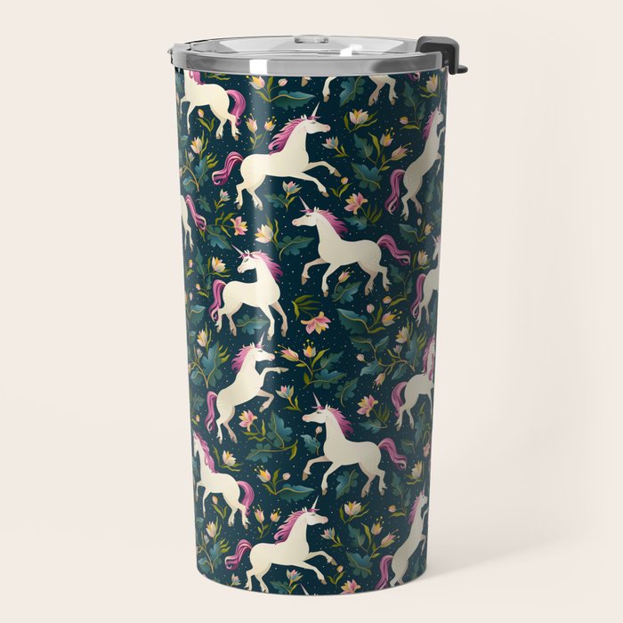Unicorns on a dark background with a fairy forest Travel Mug Gallery Image 2