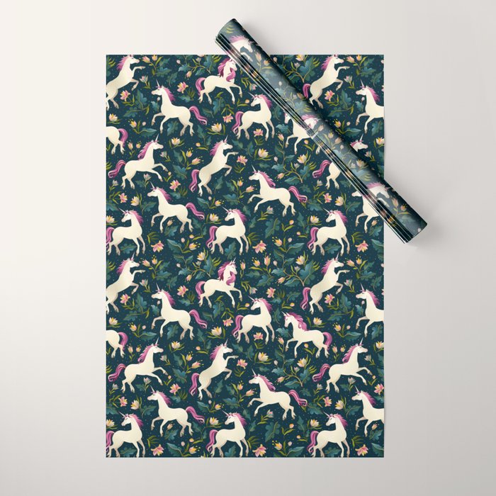 Unicorns on a dark background with a fairy forest Wrapping Paper Gallery Image 1