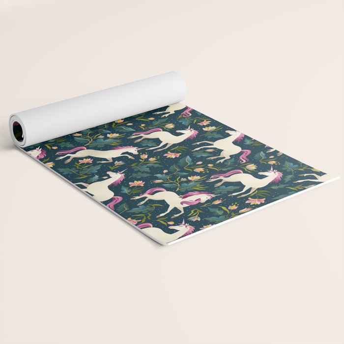 Unicorns on a dark background with a fairy forest Yoga Mat Gallery Image 2