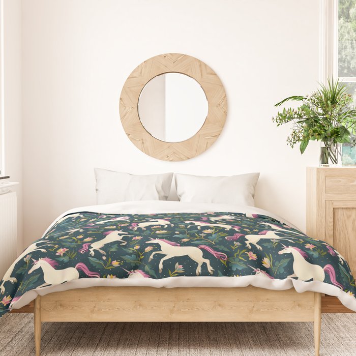 Unicorns on a dark background with a fairy forest Duvet Cover Gallery Image 3