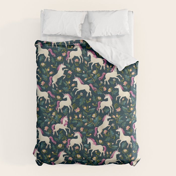 Unicorns on a dark background with a fairy forest Duvet Cover Gallery Image 1