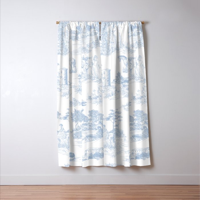 Toile de Jouy Vintage French Soft Baby Blue White Pastoral Pattern Window Curtain Gallery Image 3