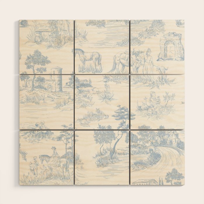 Toile de Jouy Vintage French Soft Baby Blue White Pastoral Pattern Wood Wall Art Gallery Image 1