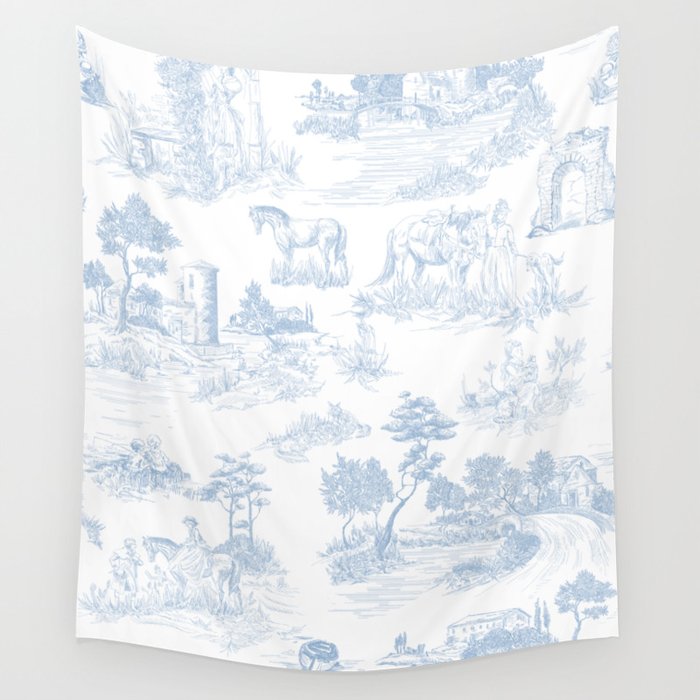 Toile de Jouy Vintage French Soft Baby Blue White Pastoral Pattern Wall Tapestry Gallery Image 4