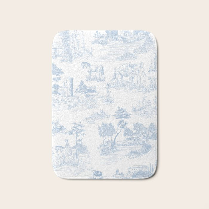 Toile de Jouy Vintage French Soft Baby Blue White Pastoral Pattern Bath Mat Gallery Image 1