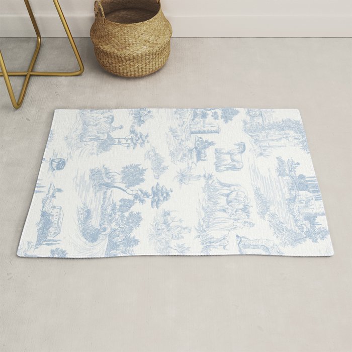 Toile de Jouy Vintage French Soft Baby Blue White Pastoral Pattern Rug Gallery Image 1