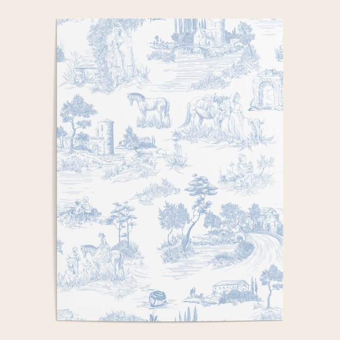 Toile de Jouy Vintage French Soft Baby Blue White Pastoral Pattern Poster Gallery Image 1