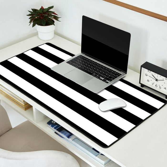 Midnight Black and White Stripes Desk Mat Gallery Image 2