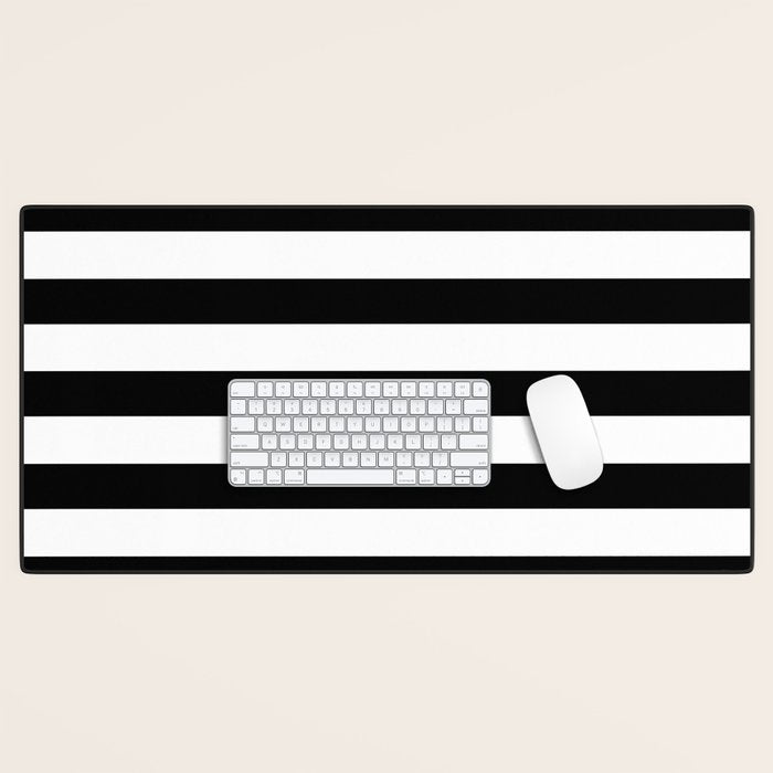 Midnight Black and White Stripes Desk Mat Gallery Image 1
