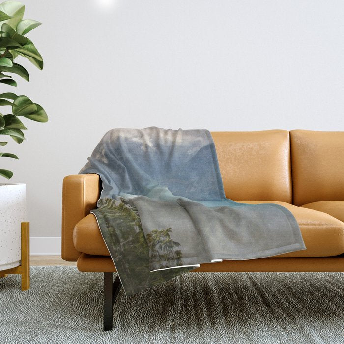 Morning sunshine over the clear mountain blue lake Throw Blanket Gallery Image 1
