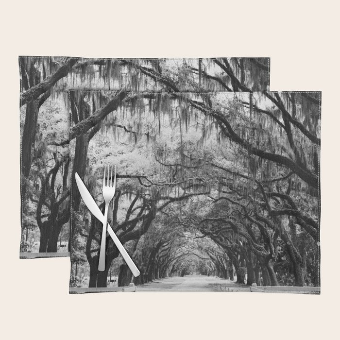 Spanish Moss on Southern Live Oak Trees black and white photograph / black and white art photography Placemat Gallery Image 1