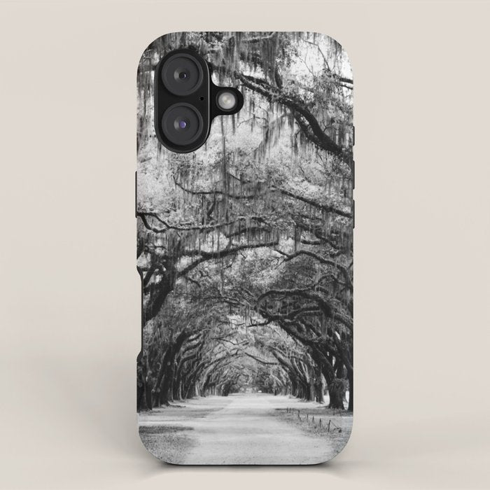 Spanish Moss on Southern Live Oak Trees black and white photograph / black and white art photography iPhone Case Gallery Image 1