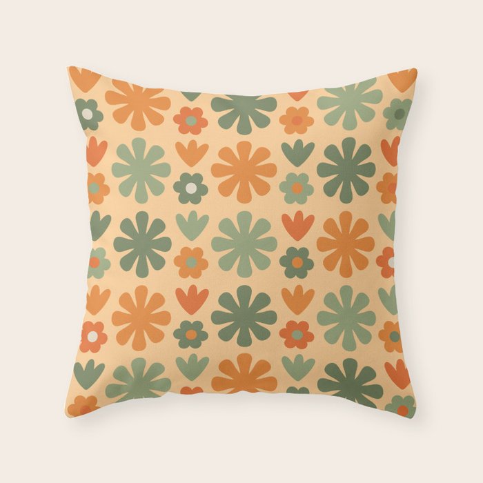 Scandi Floral Grid Retro Flower Pattern in Orange Apricot and Mossy Sage Olive Green Throw Pillow Gallery Image 6