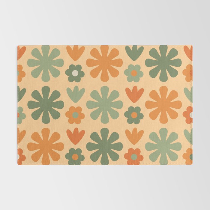 Scandi Floral Grid Retro Flower Pattern in Orange Apricot and Mossy Sage Olive Green Rug Gallery Image 2