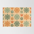 Scandi Floral Grid Retro Flower Pattern in Orange Apricot and Mossy Sage Olive Green Rug Gallery Image 2