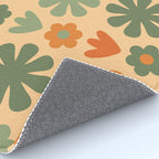 Scandi Floral Grid Retro Flower Pattern in Orange Apricot and Mossy Sage Olive Green Rug Gallery Image 4