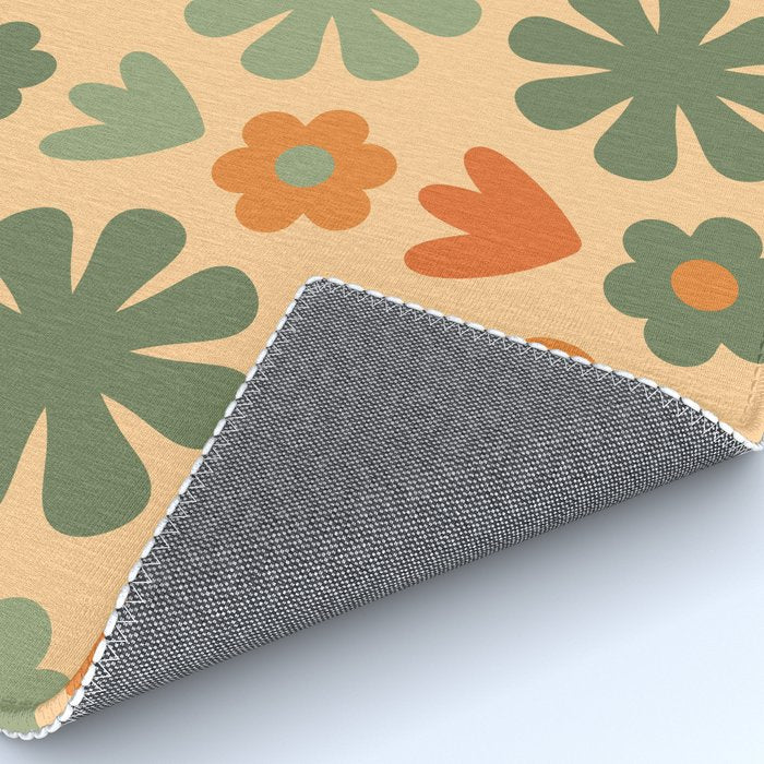 Scandi Floral Grid Retro Flower Pattern in Orange Apricot and Mossy Sage Olive Green Rug Gallery Image 4