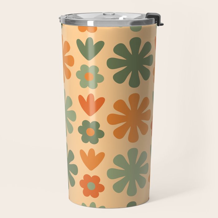 Scandi Floral Grid Retro Flower Pattern in Orange Apricot and Mossy Sage Olive Green Travel Mug Gallery Image 2