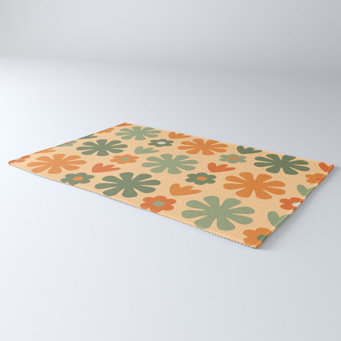 Scandi Floral Grid Retro Flower Pattern in Orange Apricot and Mossy Sage Olive Green Rug Gallery Image 3