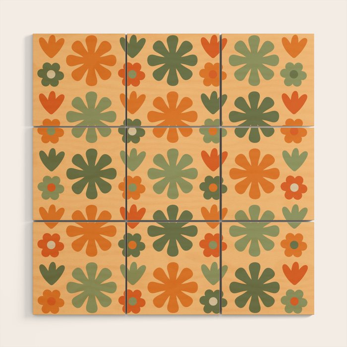 Scandi Floral Grid Retro Flower Pattern in Orange Apricot and Mossy Sage Olive Green Wood Wall Art Gallery Image 1