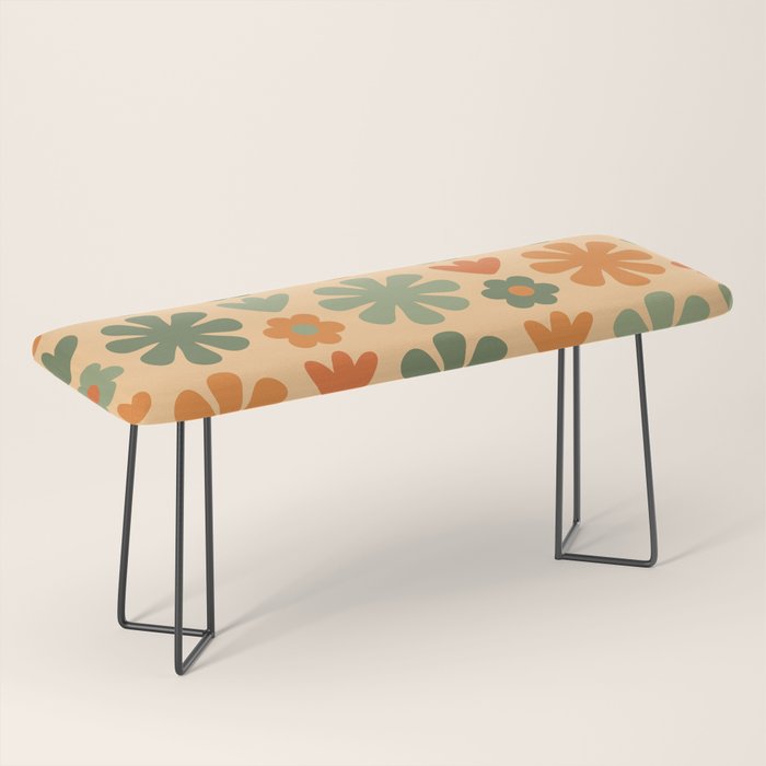 Scandi Floral Grid Retro Flower Pattern in Orange Apricot and Mossy Sage Olive Green Bench Gallery Image 1