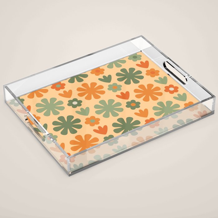 Scandi Floral Grid Retro Flower Pattern in Orange Apricot and Mossy Sage Olive Green Acrylic Tray Gallery Image 1