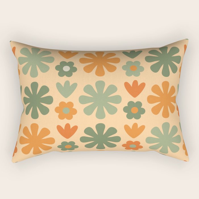 Scandi Floral Grid Retro Flower Pattern in Orange Apricot and Mossy Sage Olive Green Rectangular Pillow Gallery Image 2