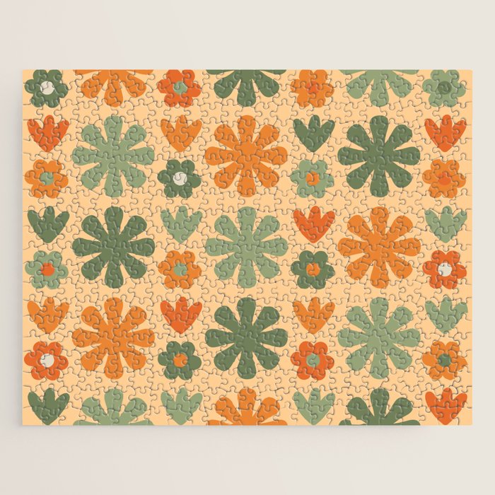 Scandi Floral Grid Retro Flower Pattern in Orange Apricot and Mossy Sage Olive Green Jigsaw Puzzle Gallery Image 1