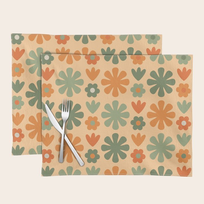 Scandi Floral Grid Retro Flower Pattern in Orange Apricot and Mossy Sage Olive Green Placemat Gallery Image 1