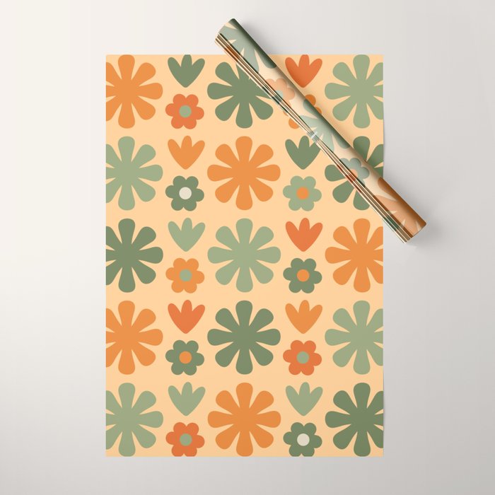 Scandi Floral Grid Retro Flower Pattern in Orange Apricot and Mossy Sage Olive Green Wrapping Paper Gallery Image 1