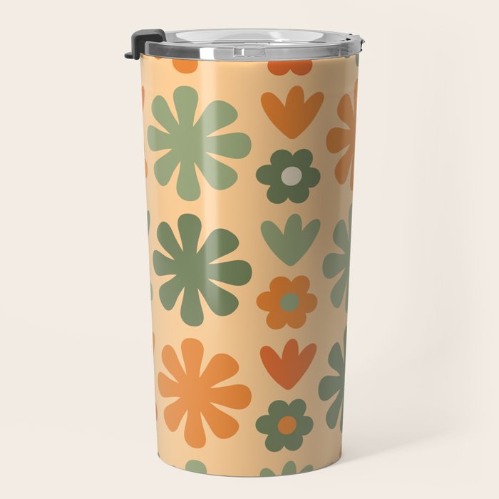 Scandi Floral Grid Retro Flower Pattern in Orange Apricot and Mossy Sage Olive Green Travel Mug Gallery Image 3