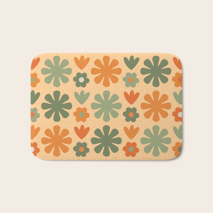 Scandi Floral Grid Retro Flower Pattern in Orange Apricot and Mossy Sage Olive Green Bath Mat Gallery Image 1