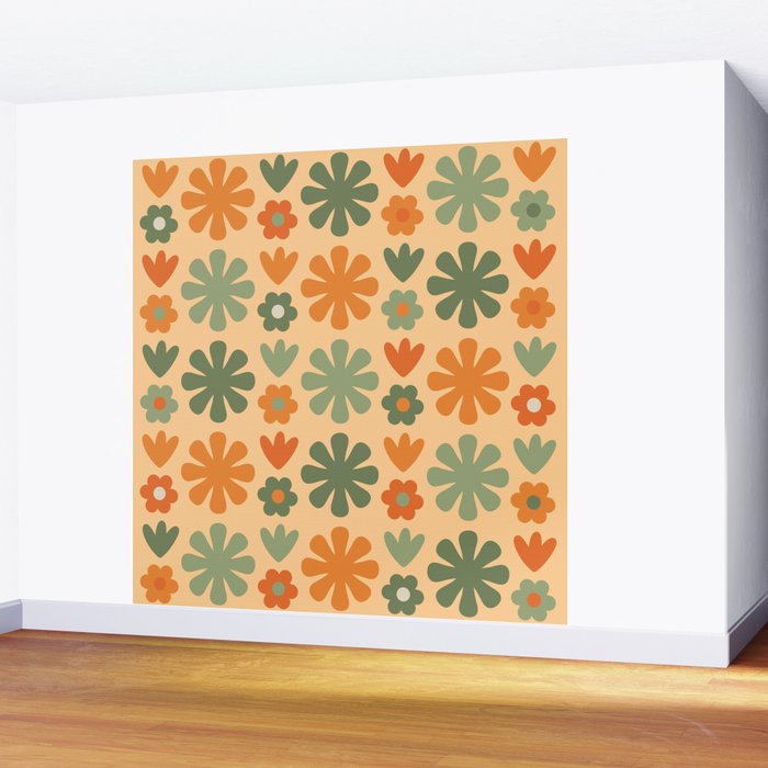 Scandi Floral Grid Retro Flower Pattern in Orange Apricot and Mossy Sage Olive Green Wall Mural Gallery Image 2