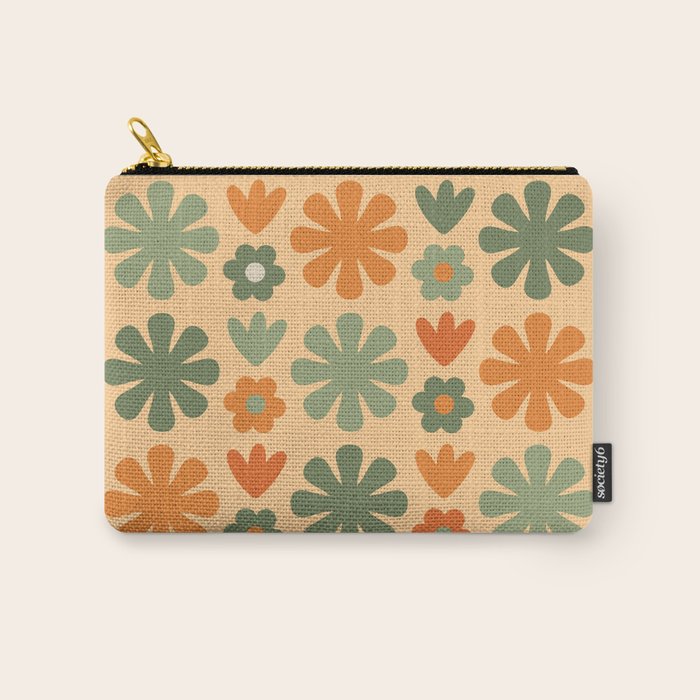 Scandi Floral Grid Retro Flower Pattern in Orange Apricot and Mossy Sage Olive Green Carry All Pouch Gallery Image 1