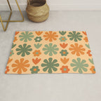 Scandi Floral Grid Retro Flower Pattern in Orange Apricot and Mossy Sage Olive Green Rug Gallery Image 1