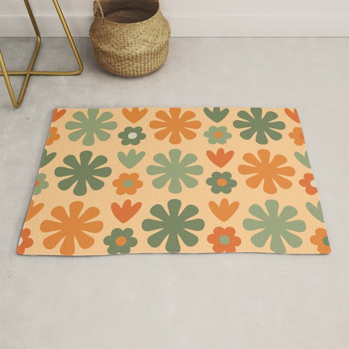 Scandi Floral Grid Retro Flower Pattern in Orange Apricot and Mossy Sage Olive Green Rug Gallery Image 1
